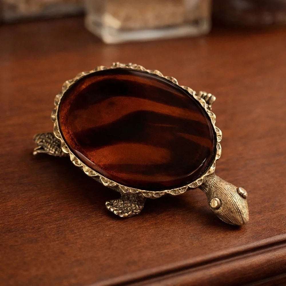 Vintage 60s Original by Robert Turtle Brooch Amber Brown Art Glass Gold Tone Pin